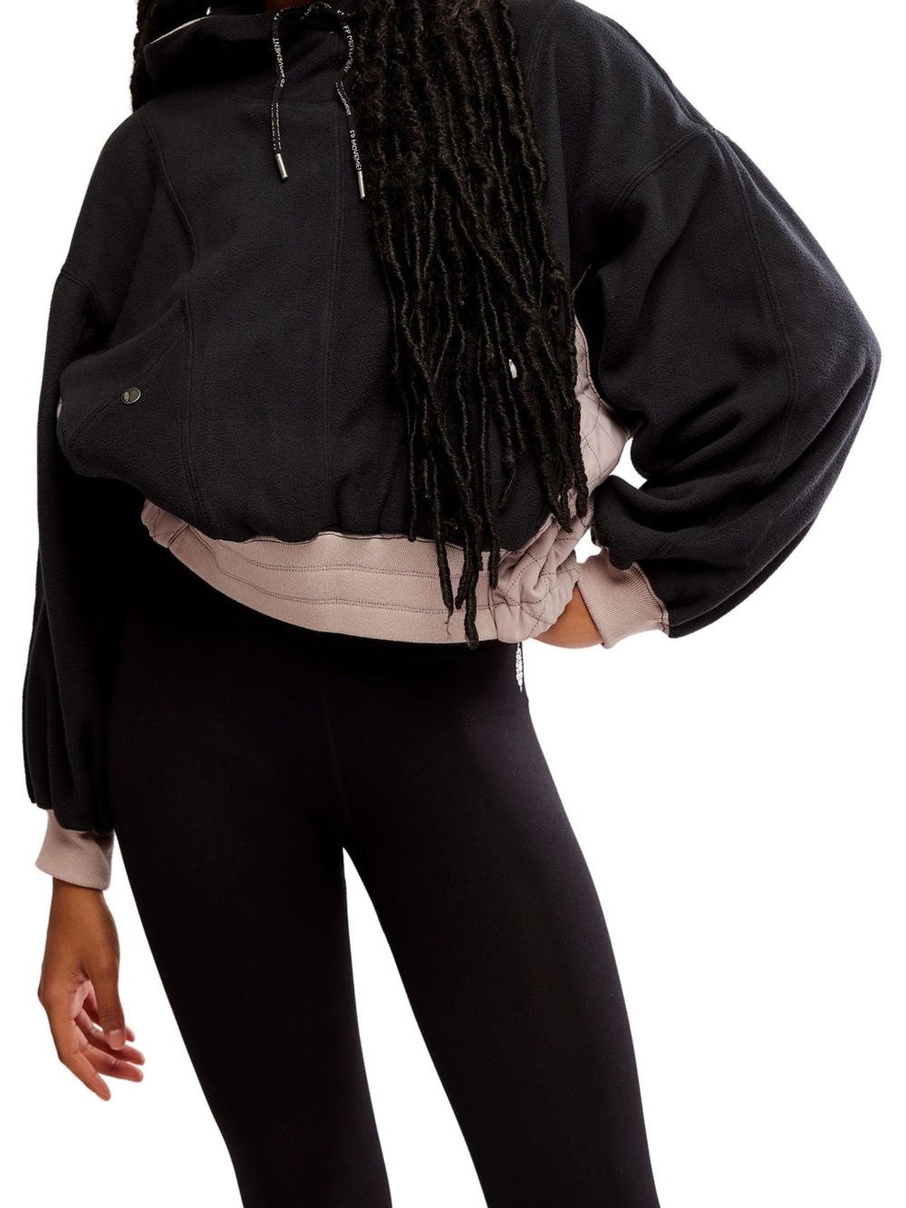 FP Movement by Free People Black Cropped Hoodie with Taupe Hem